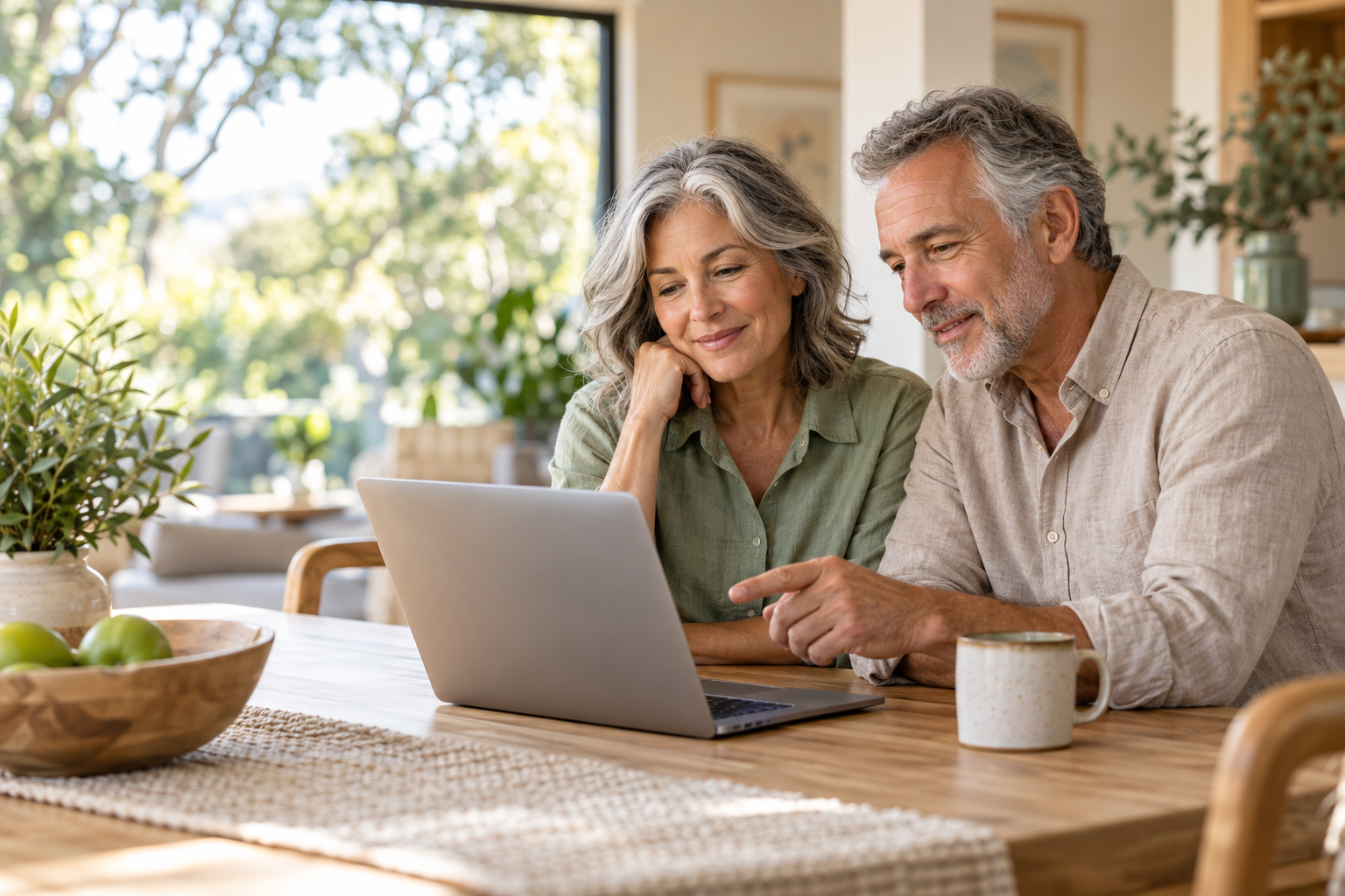 A couple at home reviewing information together on a laptop